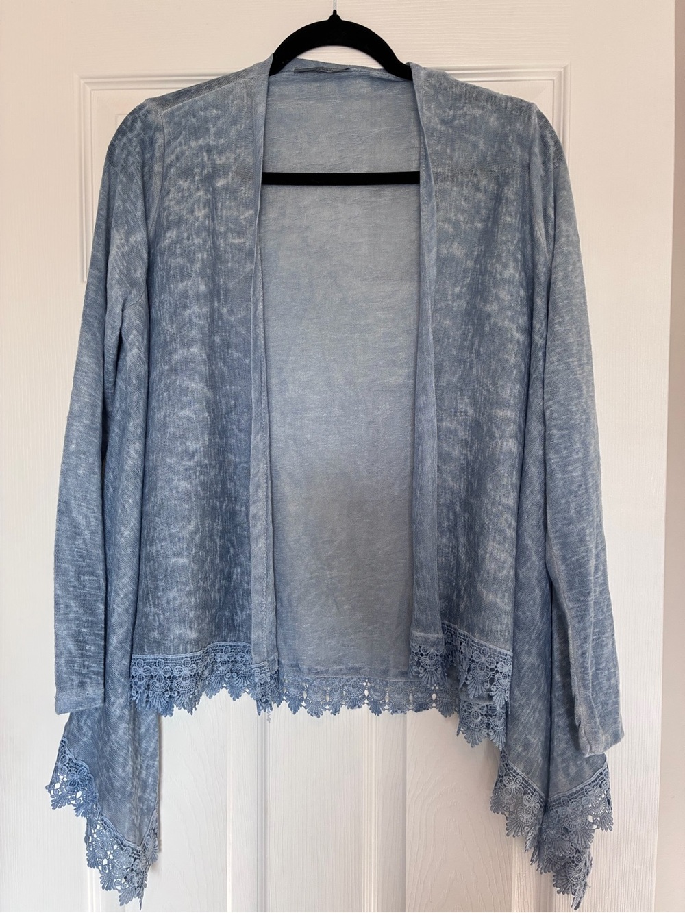 Light Blue Open-Front Lace-Trim Draped Shrug